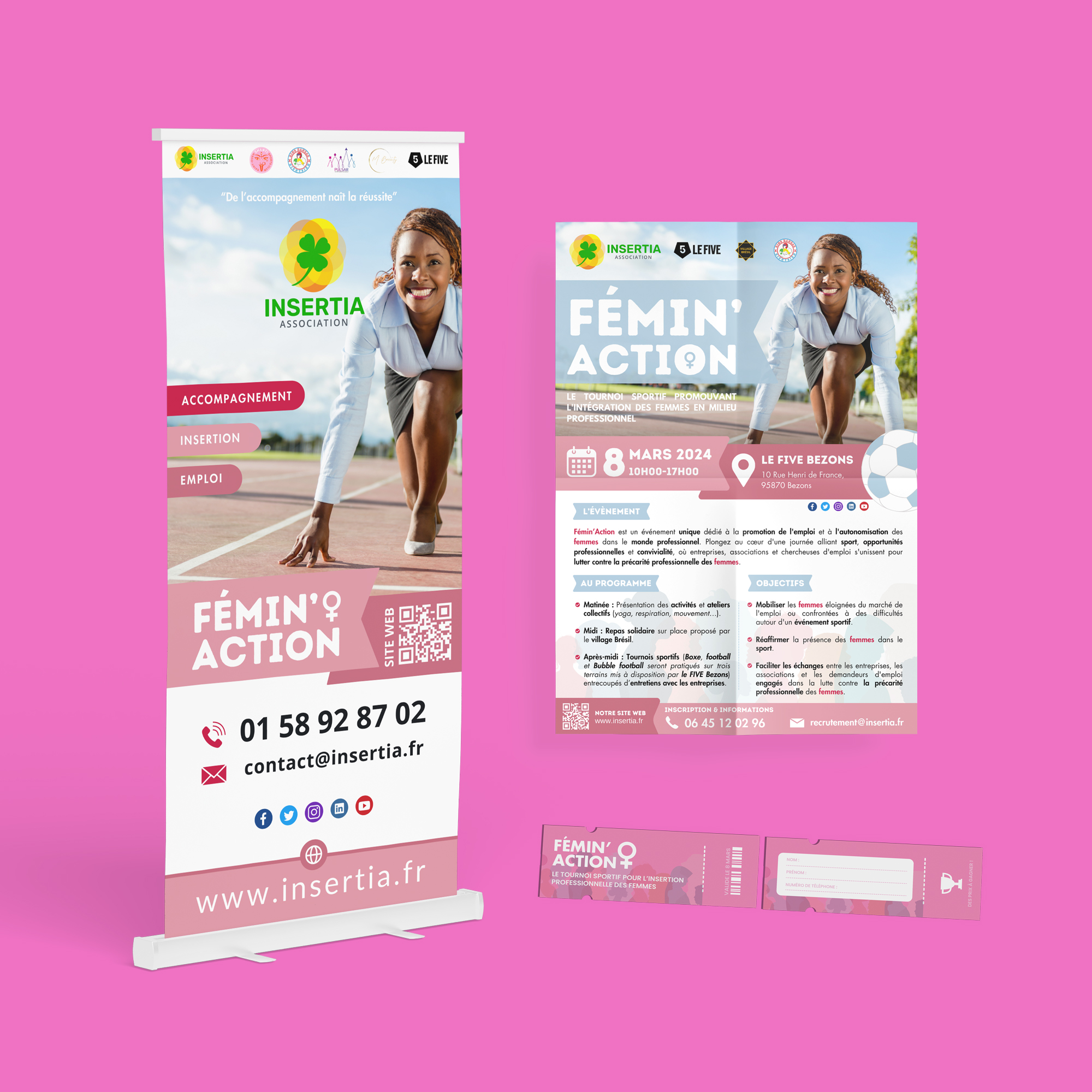 Mockups Fémin'Action, roll-up, flyers et ticket personnalisé
