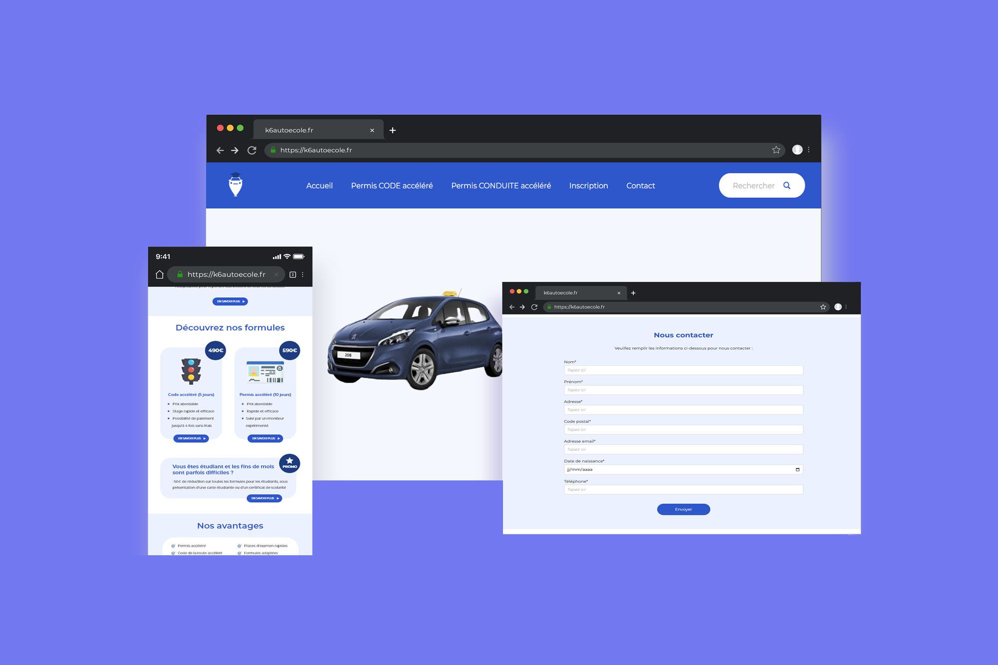 Mockup d'une maquette web pour K6 Auto-école sur Adobe XD